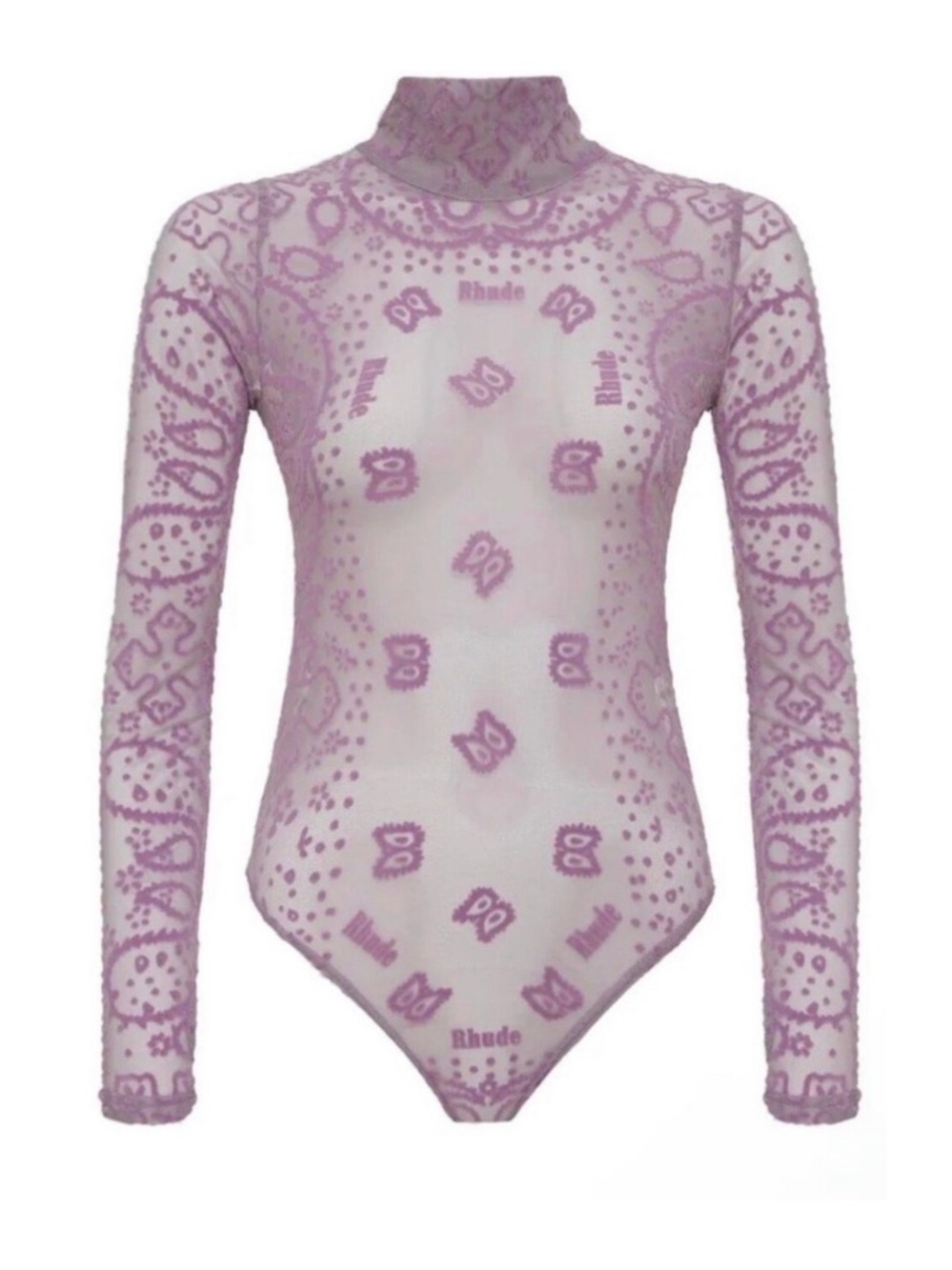 RHUDE Bandana Lilac Purple Sheer Paisley Long Sleeve Sheer One Piece Bodysuit